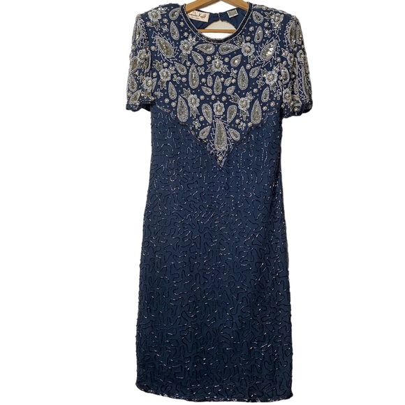 Laurence Kazar Navy Blue Silver Embellished Short Sleeve Mini Dress Womens M - Picture 1 of 8